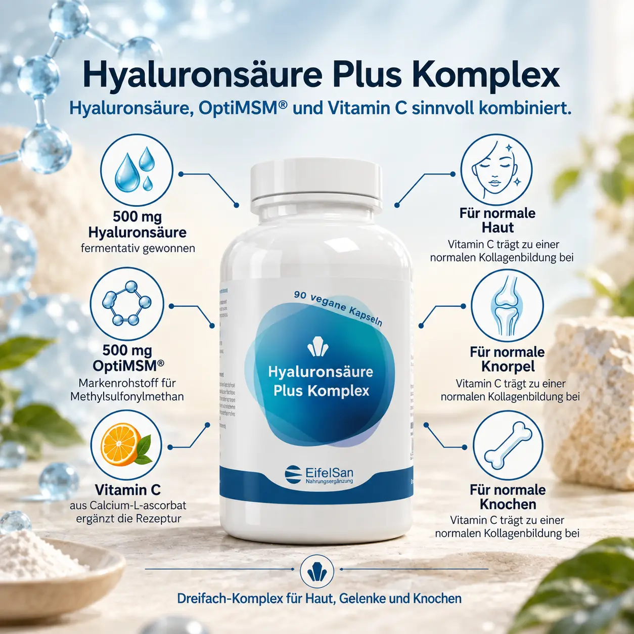 Hyaluronsäure Plus Komplex - 90 Kapseln mit OptiMSM®