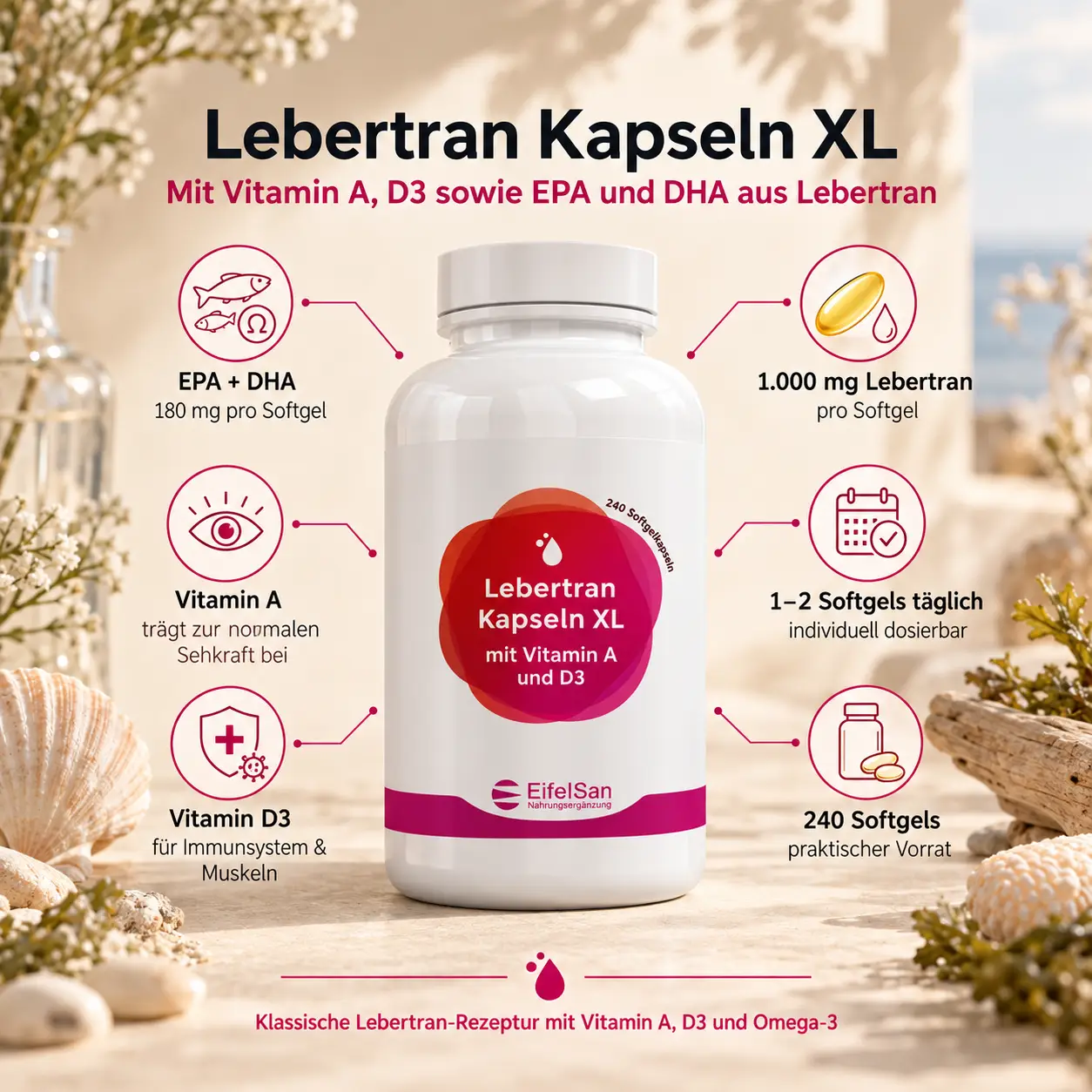 Lebertran XL - 240 Softgels mit Vitamin A + D3 + Omega-3