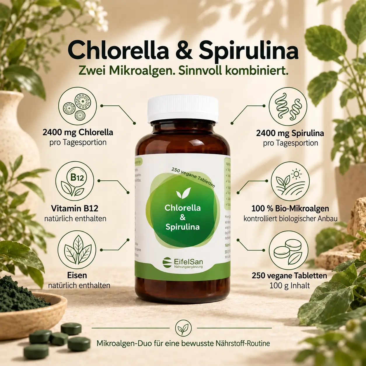Chlorella + Spirulina - 250 Tabletten Mikroalgen Komplex