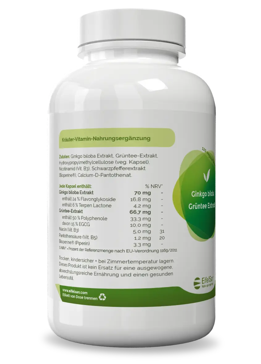Ginkgo Grüntee Inhaltsstoffe Pflanzenextrakt-Komplex mit Ginkgo biloba, Grüntee-Extrakt und Bioperine®