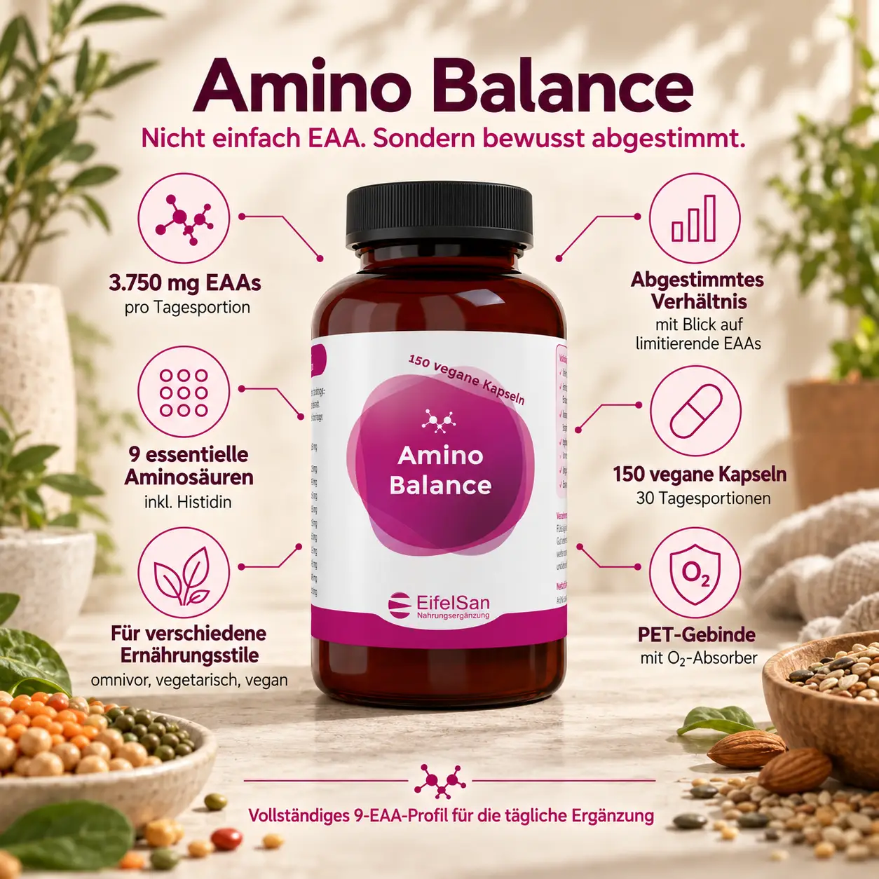 Amino Balance – 9 essentielle Aminosäuren (EAAs) – 150 vegane Kapseln Amino Balance – 9 essentielle Aminosäuren (EAAs) – 150 vegane Kapseln