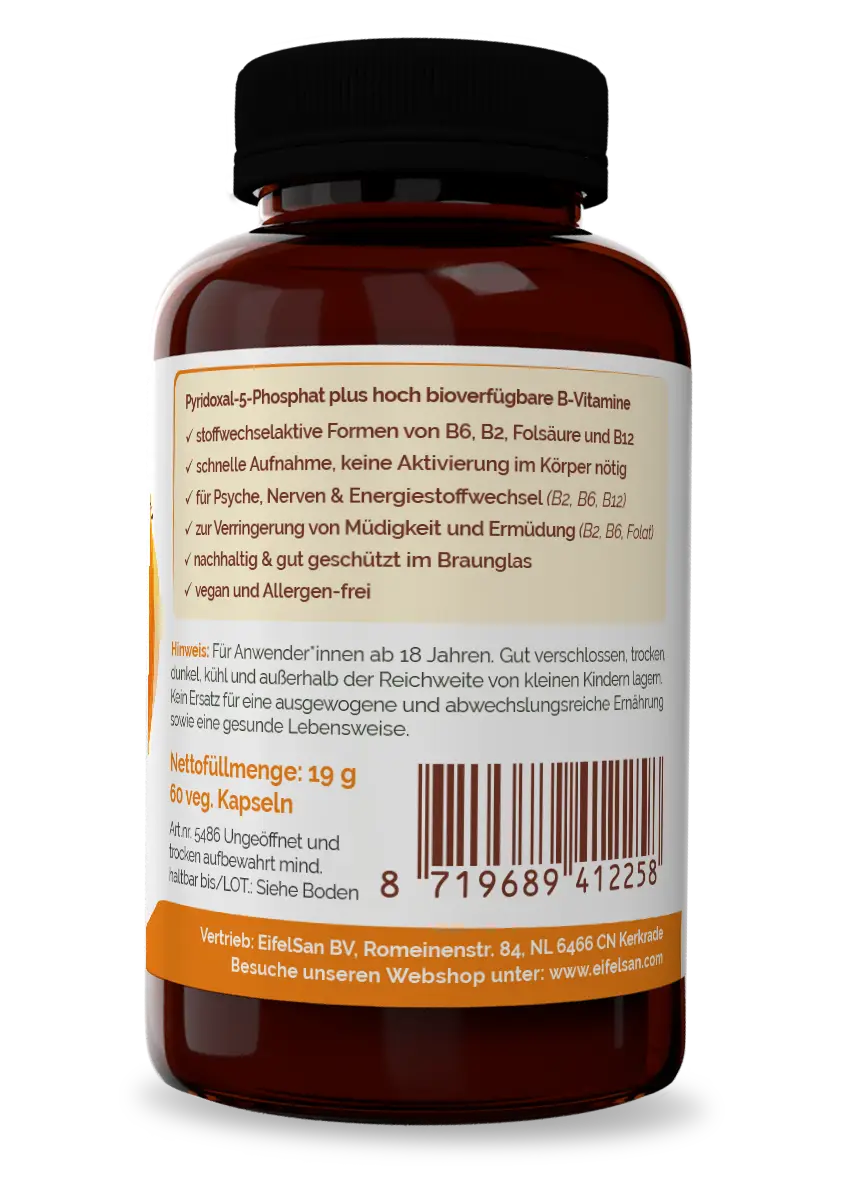 Vitamin B6+ Qualität Etikett von Vitamin B6+ Aktiv Komplex – 60 Kapseln mit B2, B12 und Folat