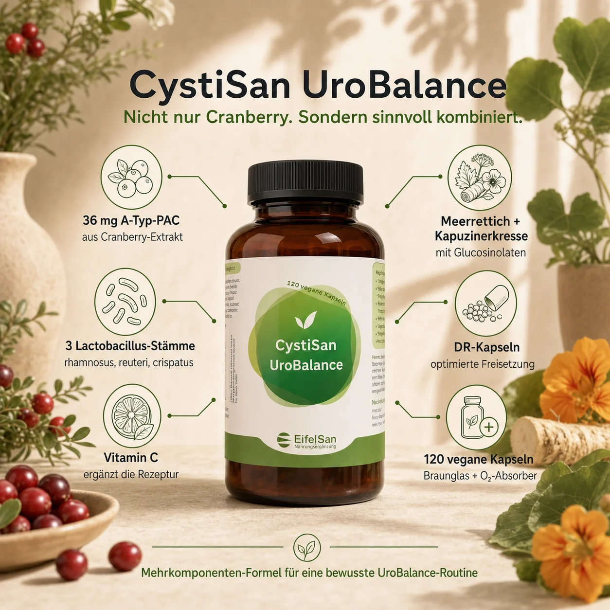 CystiSan UroBalance – 120 vegane DR-Kapseln mit Cranberry, Meerrettich & Lactobacillus-Stämmen