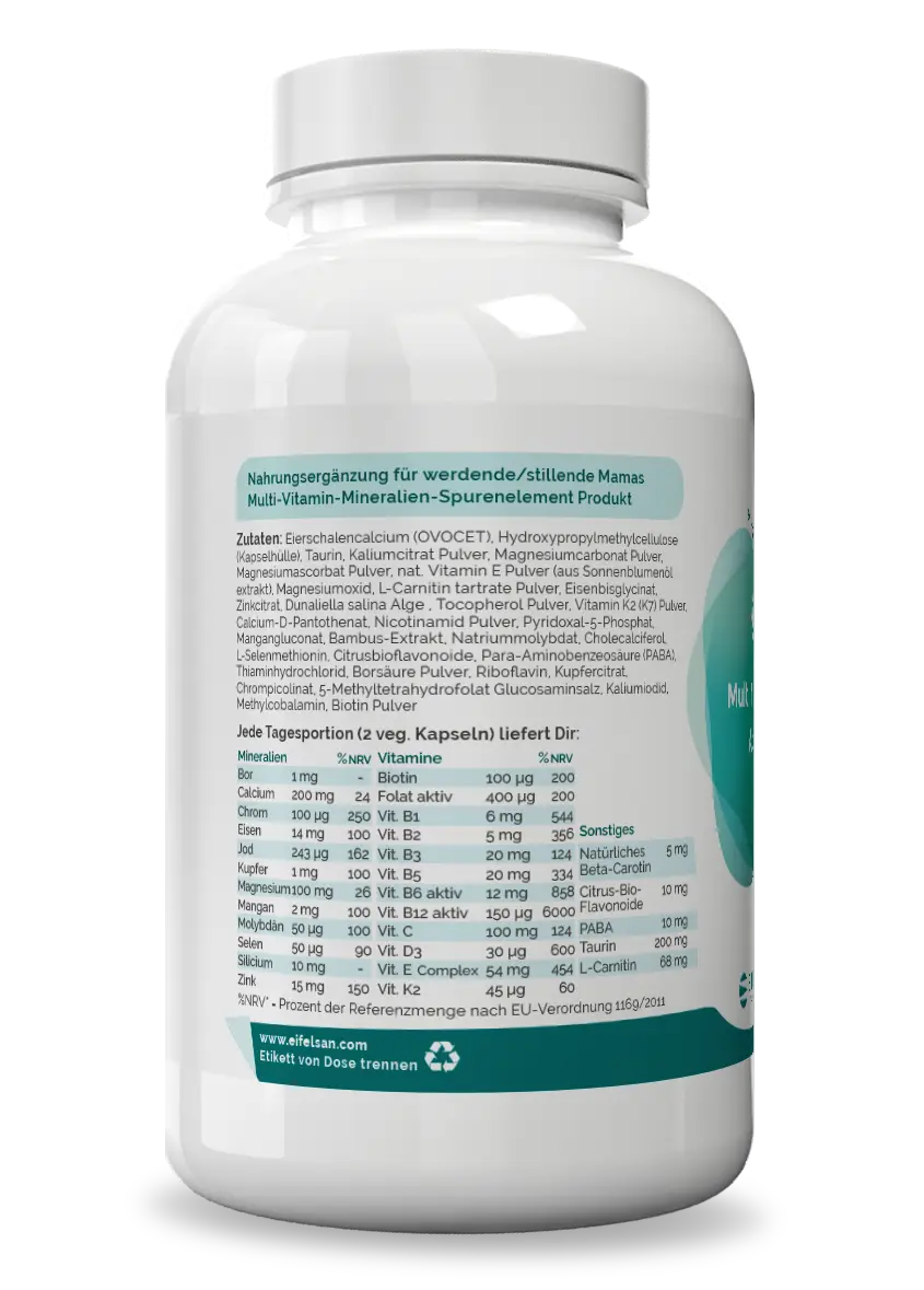 Multi NatalSan Inhaltsstoffe Vitalstoff-Komplex mit aktivem Folat 5-MTHF, Ferrochel® Eisen, ovocet® Calcium und Quatrefolic®