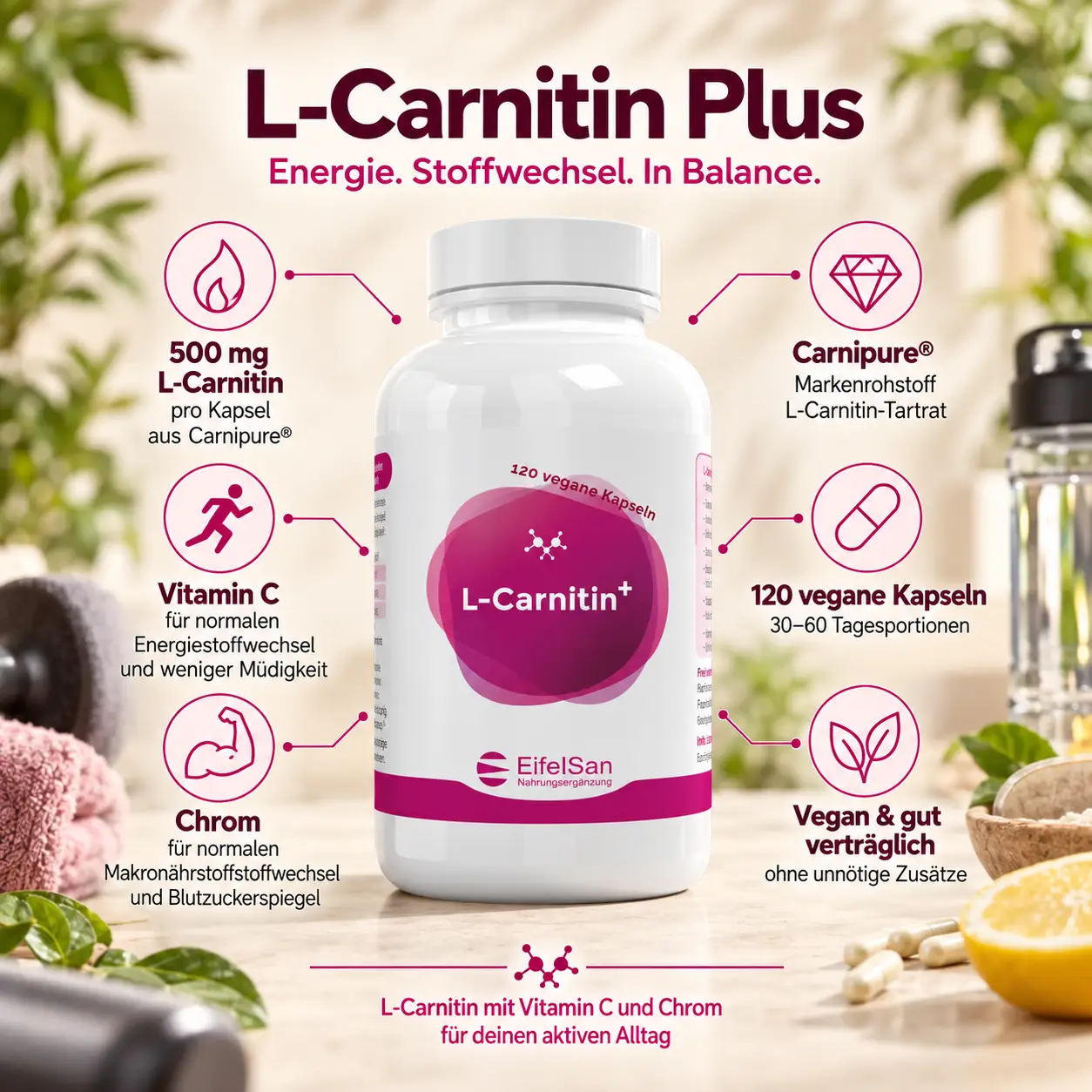 L-Carnitin Plus 500 mg - 120 Kapseln mit Chrom + Vitamin C