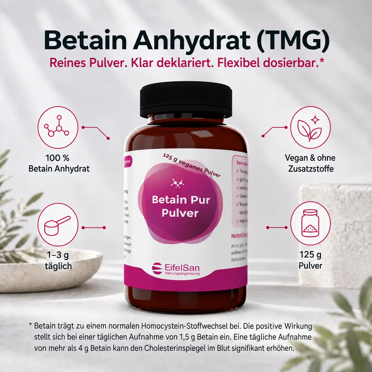 Betain Pulver pur – 125 g reines Betain Anhydrat (TMG) Betain Pulver pur – 125 g reines Betain Anhydrat (TMG)