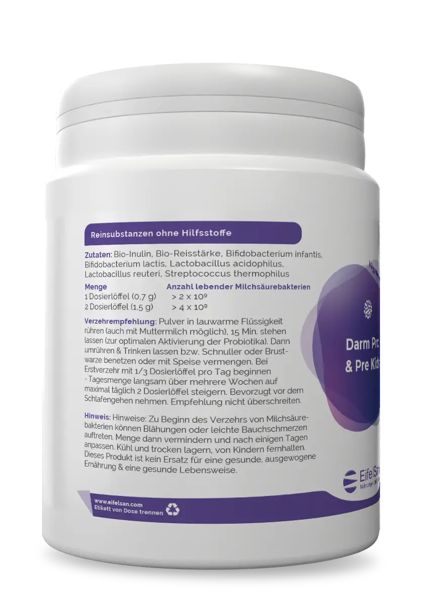 Darm Pro+Pre Kids Etikett Etikett von Darm Pro+Pre Kids – 50 g Pulver mit Milchsäurekulturen für Kinder