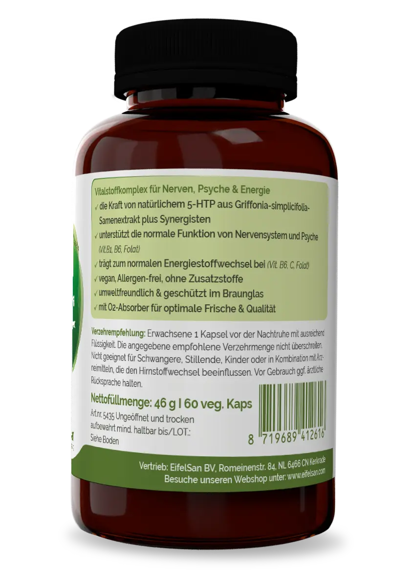Rückseitenetikett Griffonia Griffonia 5-HTP Komplex mit 100 mg 5-HTP pro Kapsel