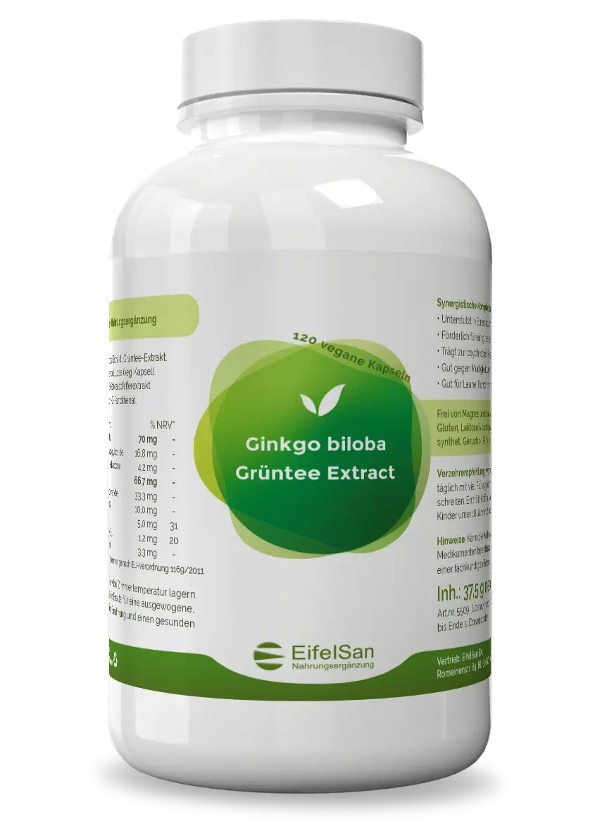 Ginkgo biloba Grüntee Extrakt Ginkgo biloba Grüntee Extrakt von EifelSan – 120 Kapseln mit Vitaminen