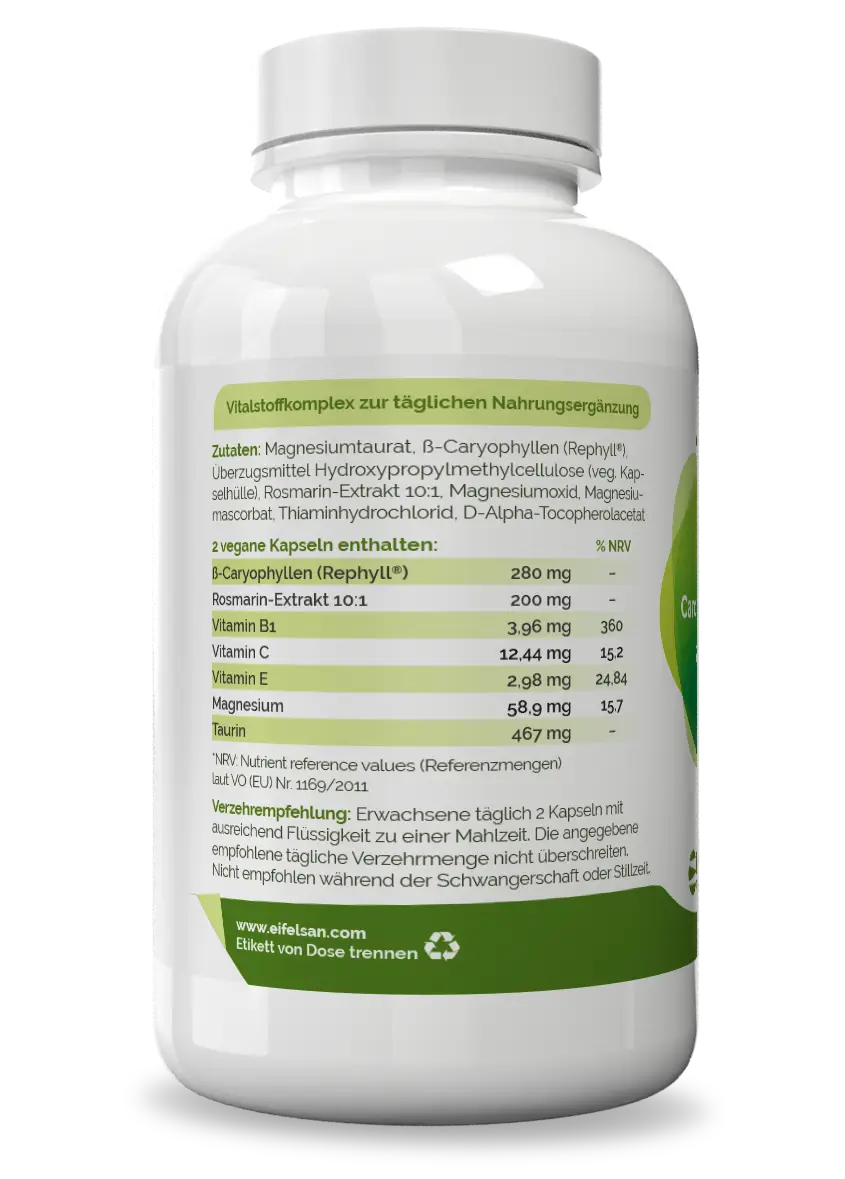 Cardio Komplex Inhaltsstoffe Gefäß-Komplex mit Rephyll® Beta-Caryophyllen, Rosmarin-Extrakt, Taurin und Magnesium