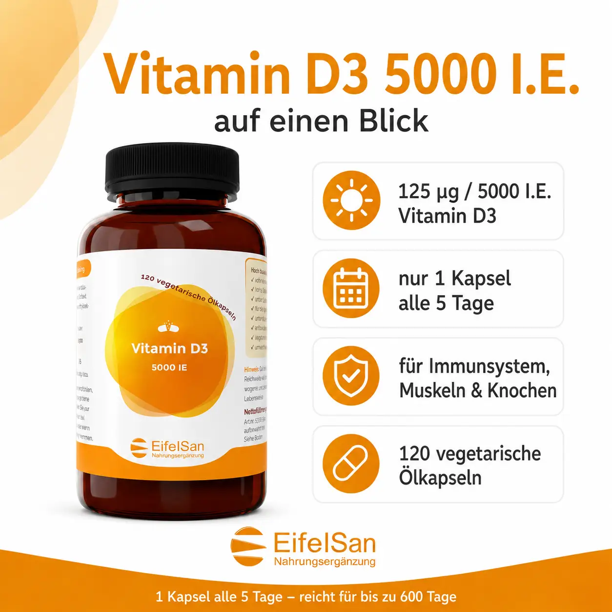Vitamin D3 5000 I.E. – 120 vegetarische Ölkapseln Vitamin D3 5000 I.E. – 120 vegetarische Ölkapseln
