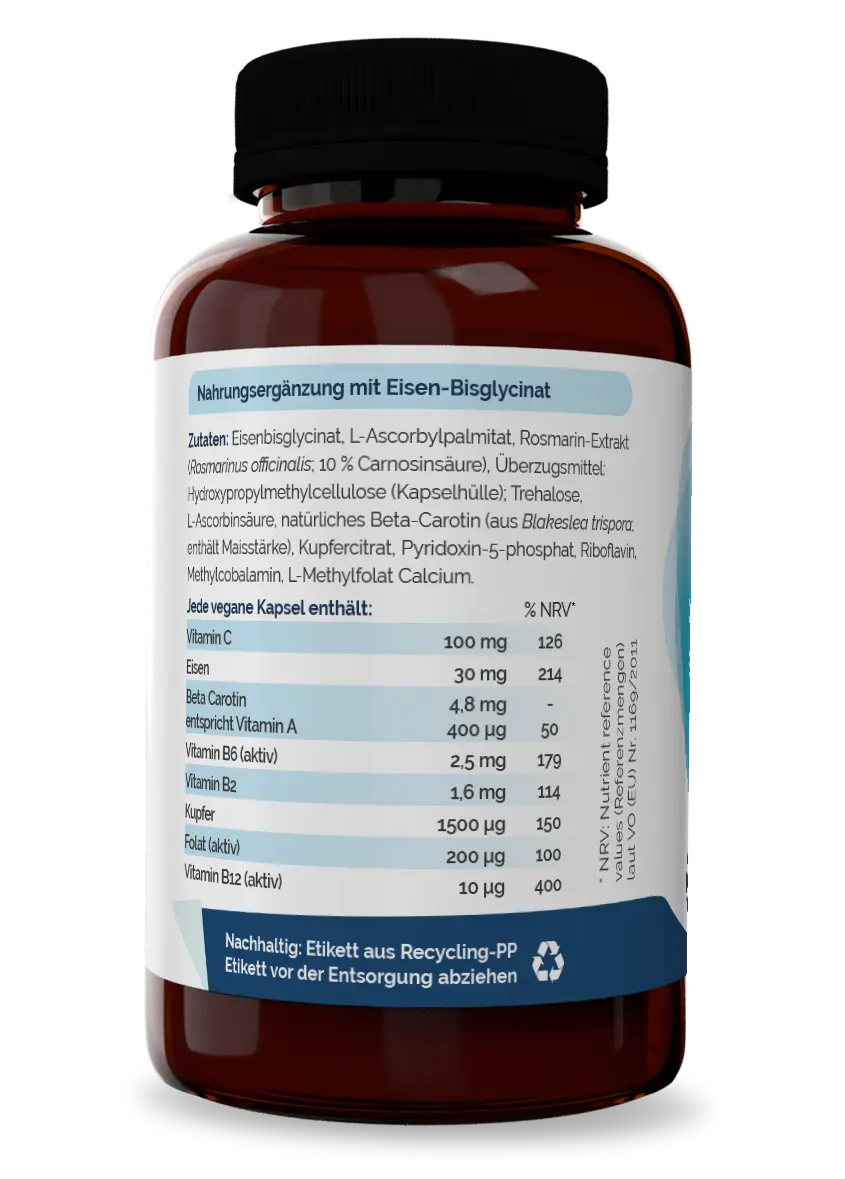 Eisen-Komplex Inhaltsstoffe Eisen-Komplex mit Eisenbisglycinat, Vitamin C, B-Vitaminen, Kupfer und Rosmarin-Extrakt
