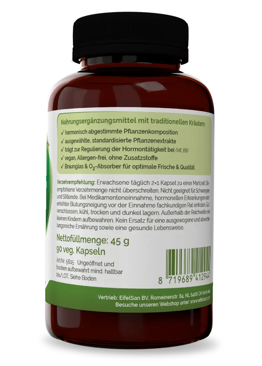 FemaleSan Inhaltsstoffe Frauen-Komplex mit Yamswurzel, Rotklee, Mönchspfeffer, Fenchel, Leinsamen und Safran