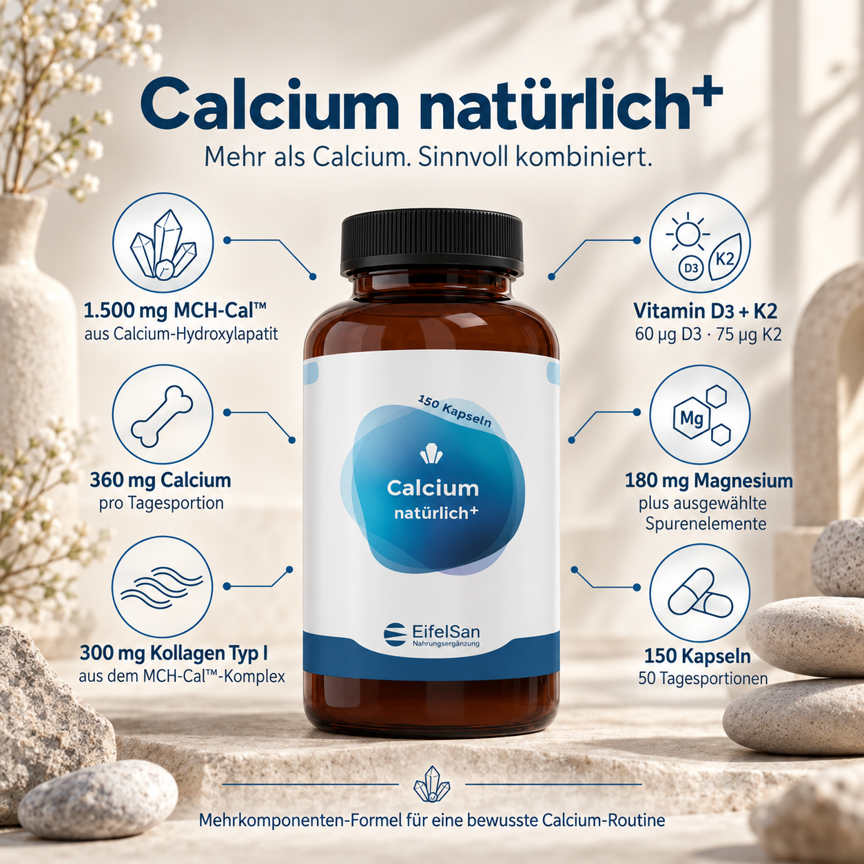 Calcium natürlich - 150 Kapseln Hydroxylapatit mit K2 und D3