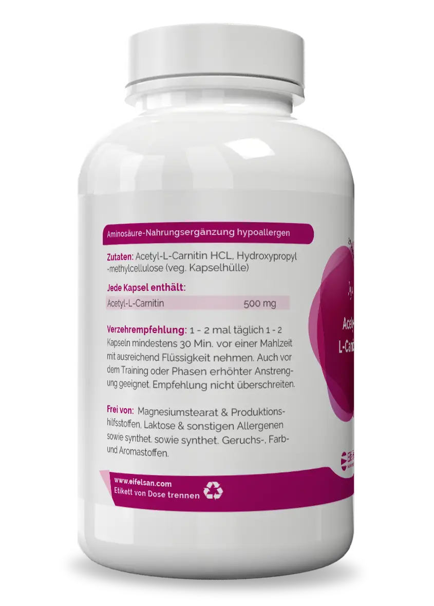 Acetyl-L-Carnitin Inhaltsstoff Acetyl-L-Carnitin HCl als wasserlösliche Carnitin-Form in veganen Kapseln
