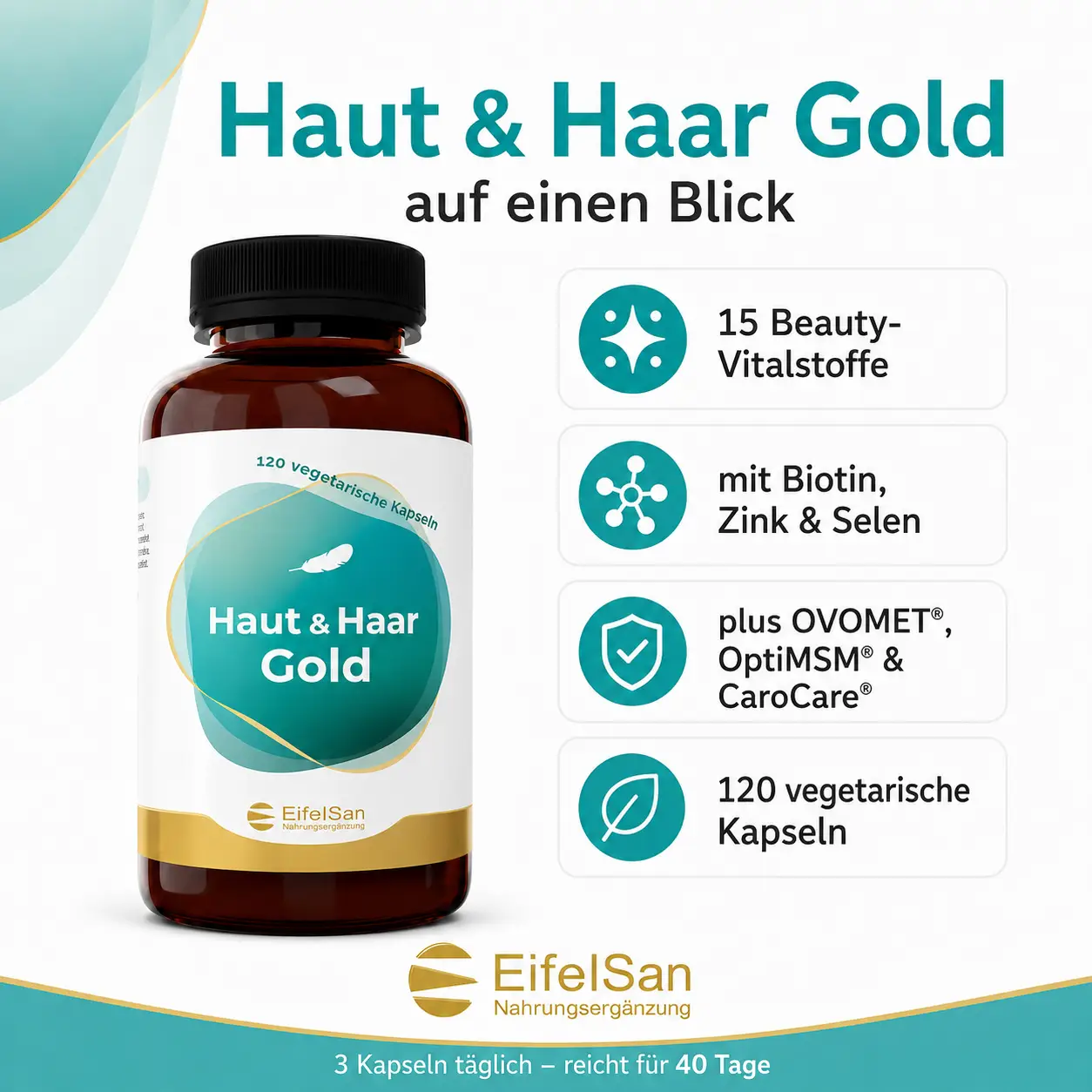 Haut & Haar Gold – 120 Kapseln mit Vitaminen für Haare, Haut & Nägel