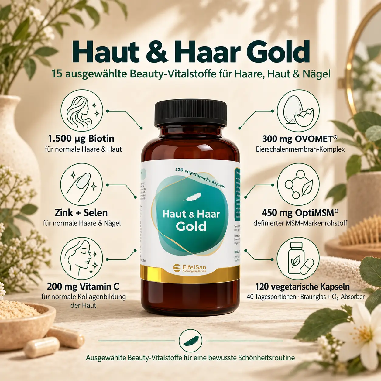 Haut & Haar Gold – 120 Kapseln mit Vitaminen für Haare, Haut & Nägel Haut & Haar Gold – 120 Kapseln mit Vitaminen für Haare, Haut & Nägel