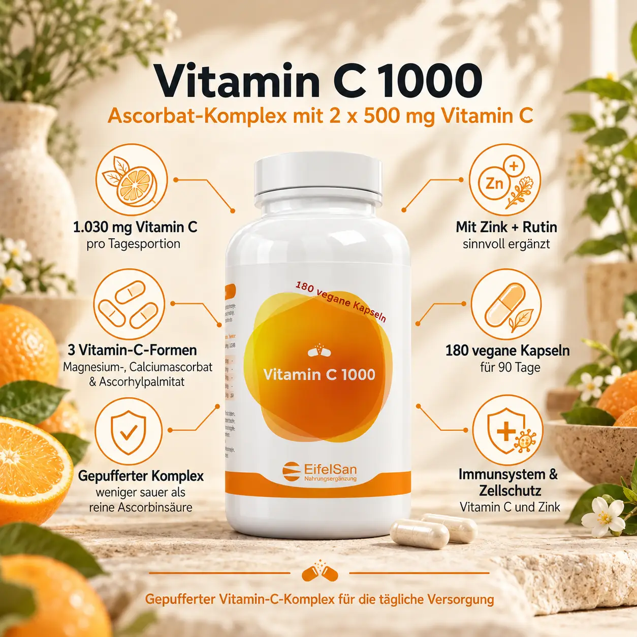 Vitamin C 1000 - 180 Kapseln Ascorbat-Komplex 2 x 500 mg