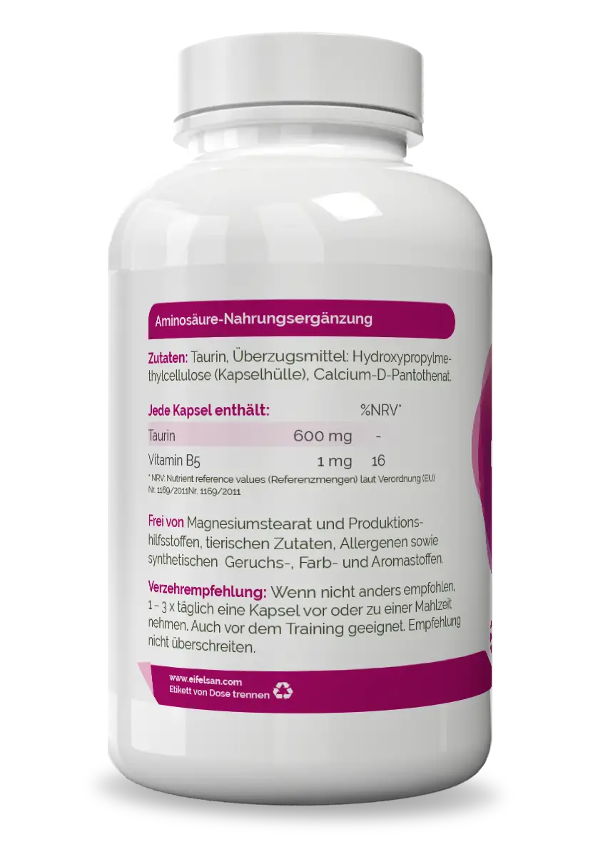 Taurin Vitamin B5 Taurin kombiniert mit Vitamin B5 als Pantothensäure in veganen Kapseln