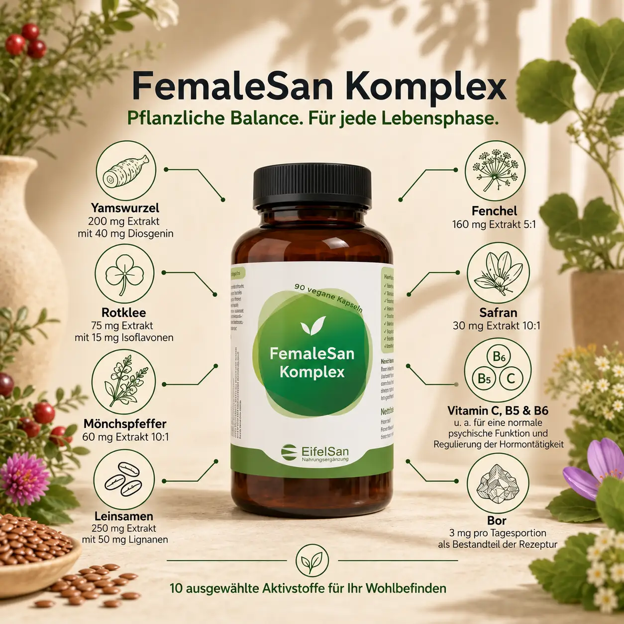 FemaleSan Komplex - 90 Kapseln mit 10 Aktivstoffen