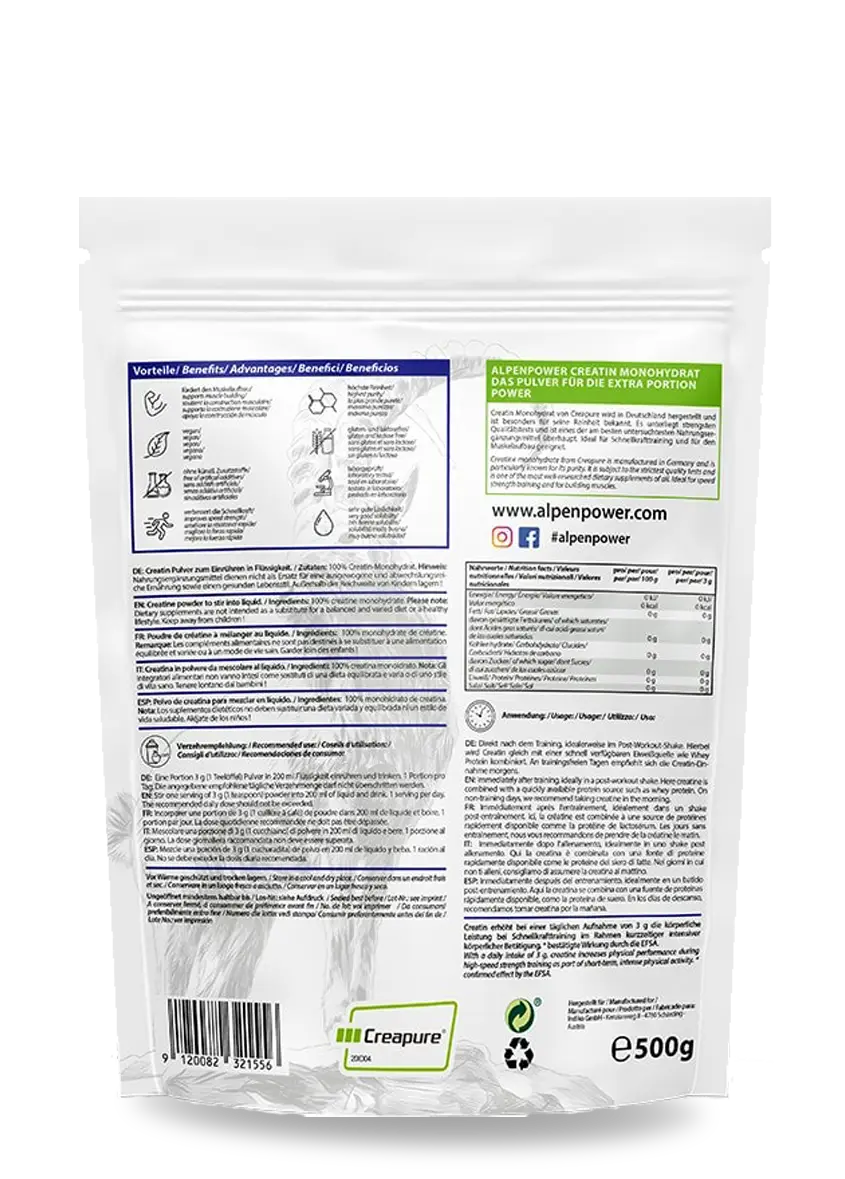 Creatin Monohydrat Creapure Alpenpower Creatin Monohydrat mit Creapure® Markenrohstoff aus Deutschland