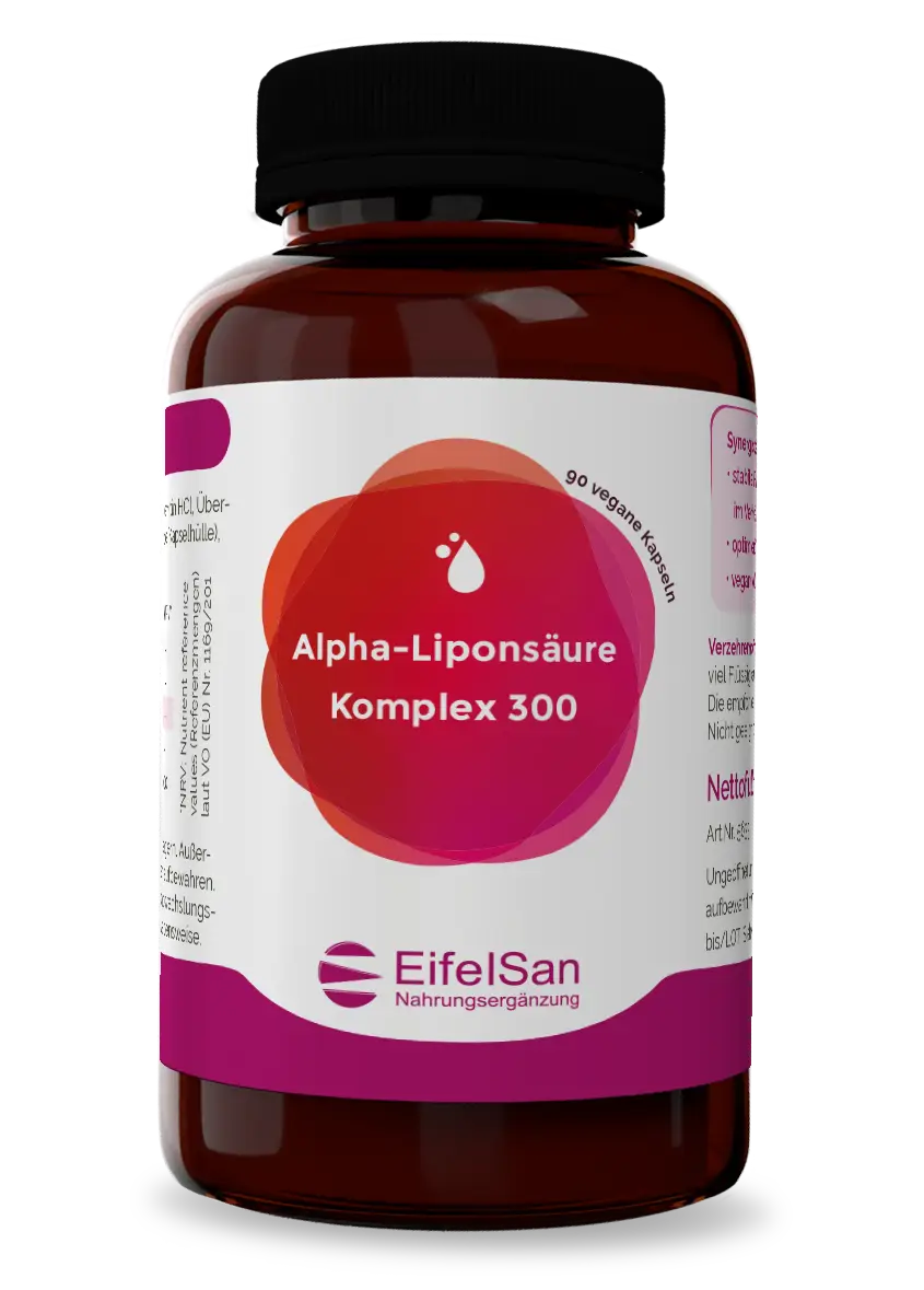 alpha-liponsaeure-300mg-kapseln-vegan-eifelsan EifelSan Alpha-Liponsäure Kapseln mit R- und S-Alpha-Liponsäure im Verhältnis 1:1