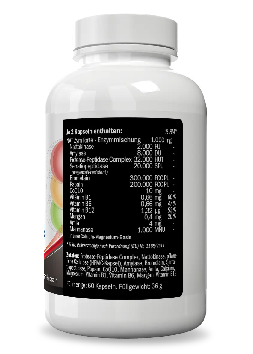 NAT-Zym Inhaltsstoffe Enzym-Komplex mit Nattokinase, Serratiopeptidase, Bromelain, Papain, Q10, B-Vitaminen und Mangan