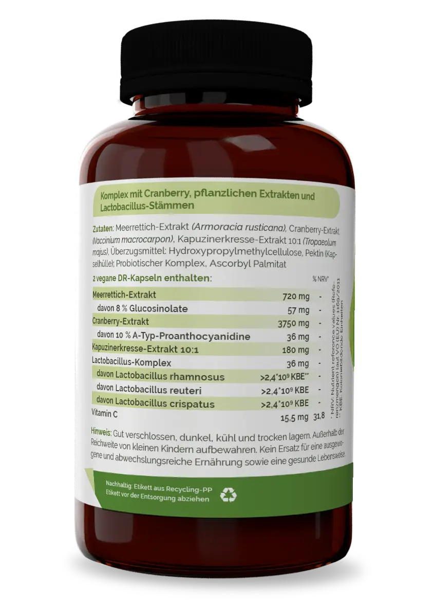 CystiSan UroBalance Etikett mit Cranberry-Extrakt, A-Typ-PAC, Meerrettich-Extrakt, Kapuzinerkresse und Lactobacillus-Komplex
