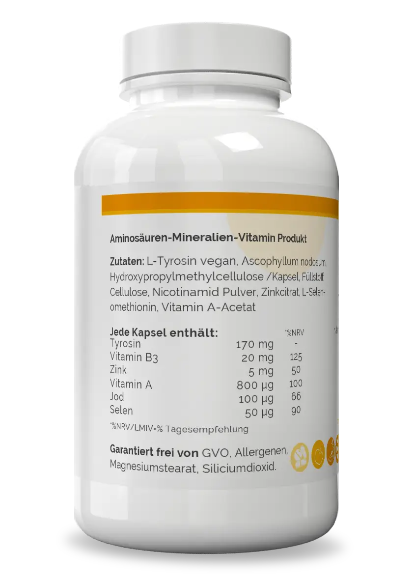 Tyro Pro Inhaltsstoffe Vitalstoff-Komplex mit L-Tyrosin, Knotentang-Extrakt, Jod, Selen, Zink, Vitamin A und Vitamin B3