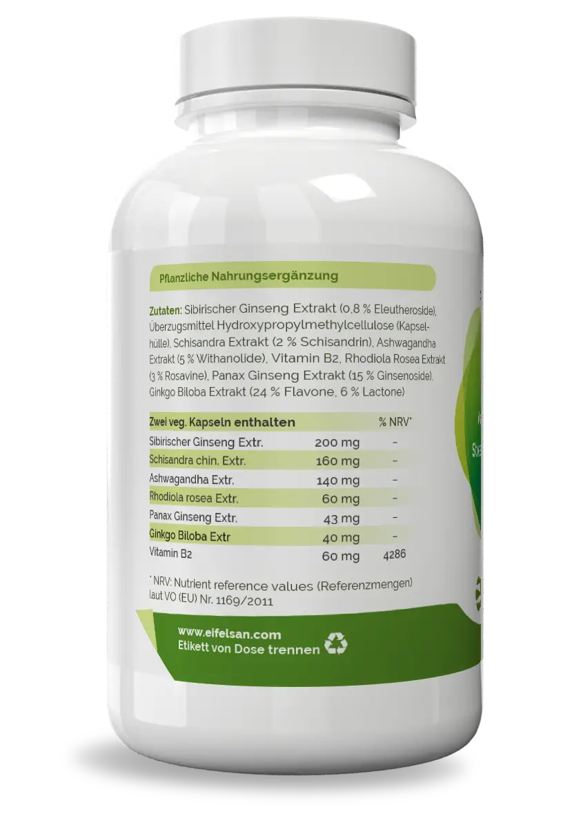 Adaptogene Inhaltsstoffe 6-facher Kräuterkomplex mit Sibirischem Ginseng, Schisandra, Ashwagandha, Rhodiola, Panax Ginseng und Ginkgo