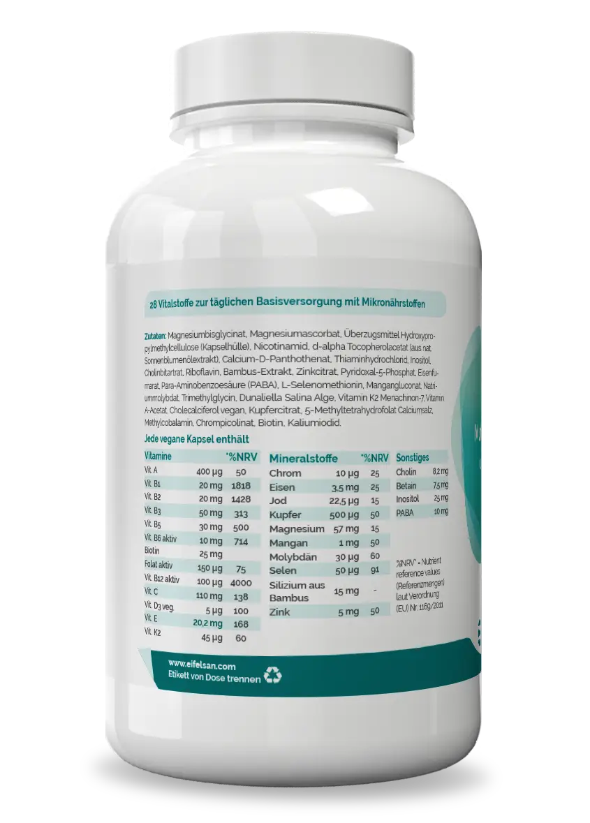 Multi Basis Aktiv Inhaltsstoffe Multivitamin-Komplex mit allen B-Vitaminen, Cholin, Inositol, PABA, Mineralstoffen und Spurenelementen