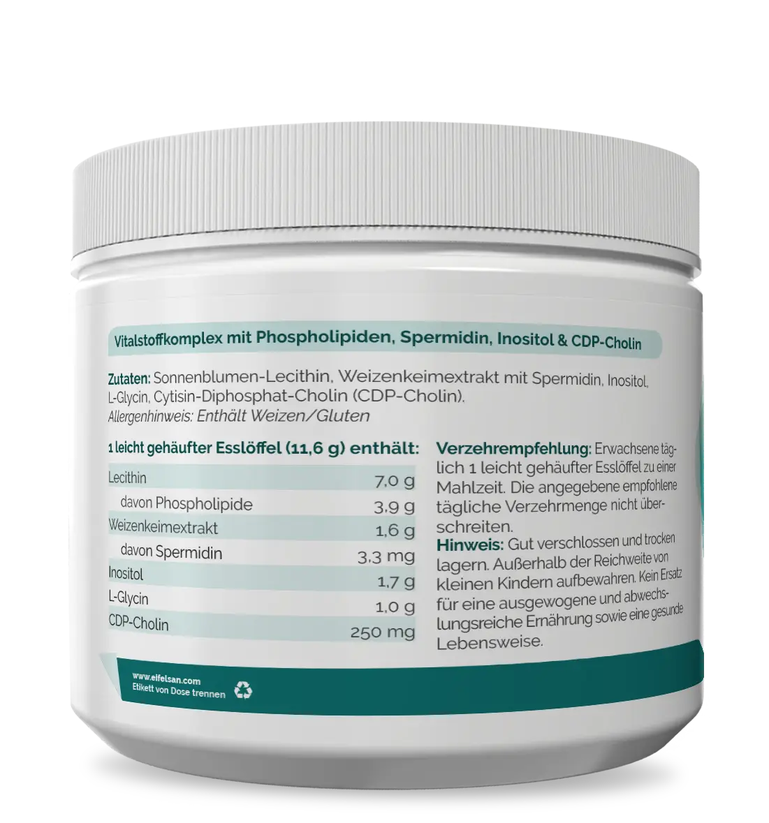 Spermidin Inhaltsstoffe Spermidin-Komplex mit Sonnenblumen-Lecithin, Weizenkeim-Extrakt, Inositol, Glycin und Cholin