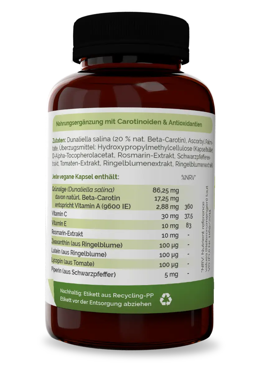 Carotinoid-Komplex Inhaltsstoffe Carotinoid-Komplex mit Beta-Carotin, Lycopin, Lutein, Zeaxanthin und Piperin