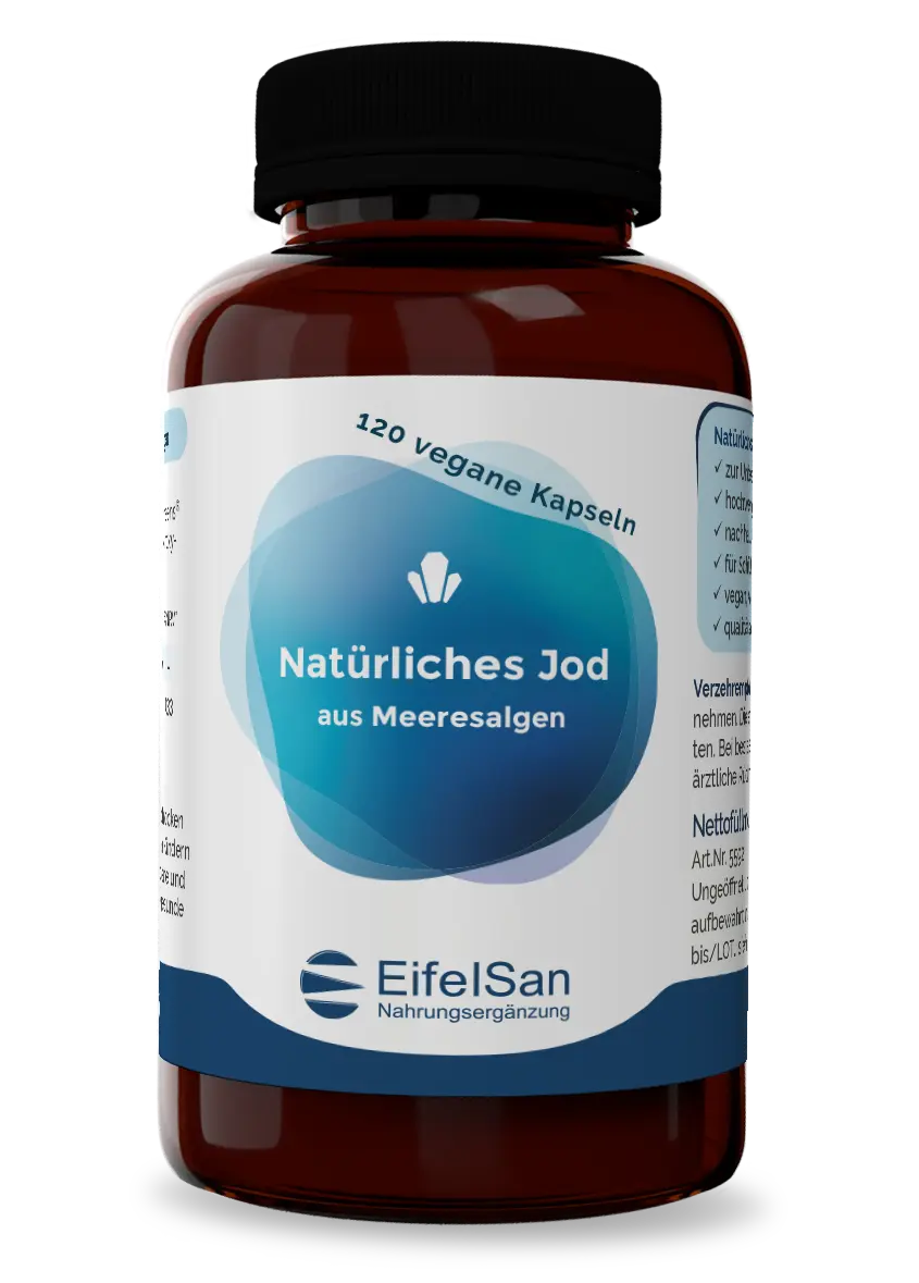 Jod natürlich 200 µg Jod natürlich 200 µg von EifelSan – 120 vegane Kapseln aus schottischem SeetangEifelSan Jod Kapseln mit Seagreens® Ascophyllum nodosum aus Schottland