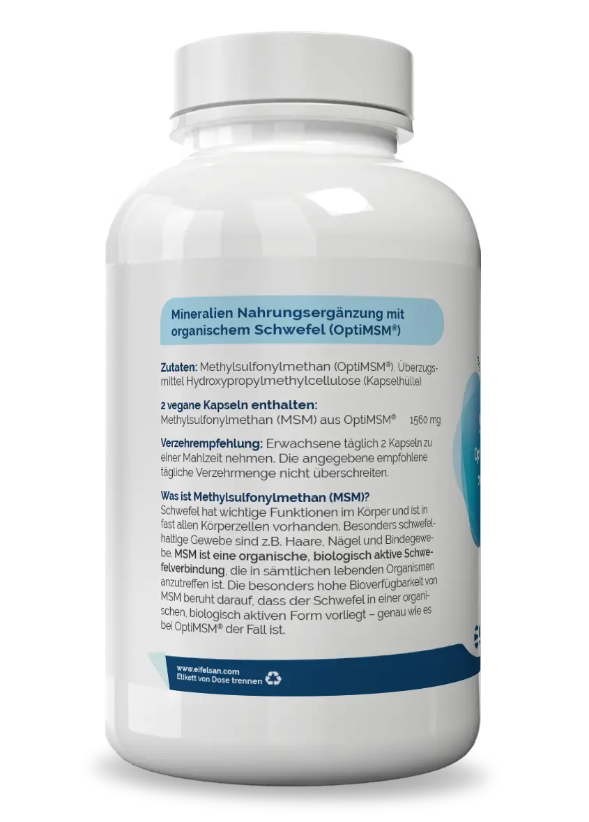 MSM OptiMSM® 780 mg - 160 Kapseln organischer Schwefel Etikett von MSM OptiMSM® – 780 mg MSM pro Kapsel und 160 Kapseln