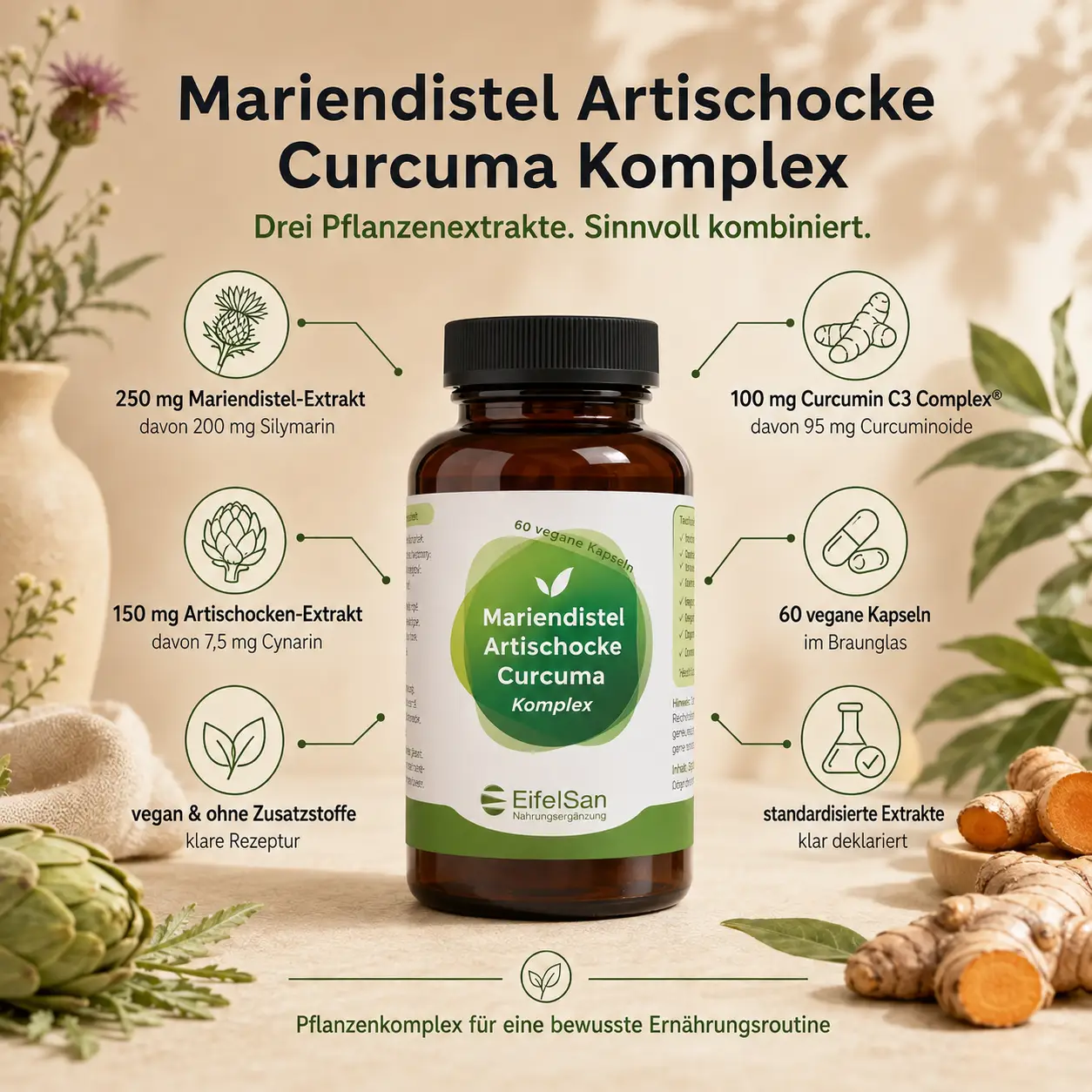Mariendistel Artischocke Curcuma Komplex - 60 vegane Kapseln Mariendistel Artischocke Curcuma Komplex - 60 vegane Kapseln