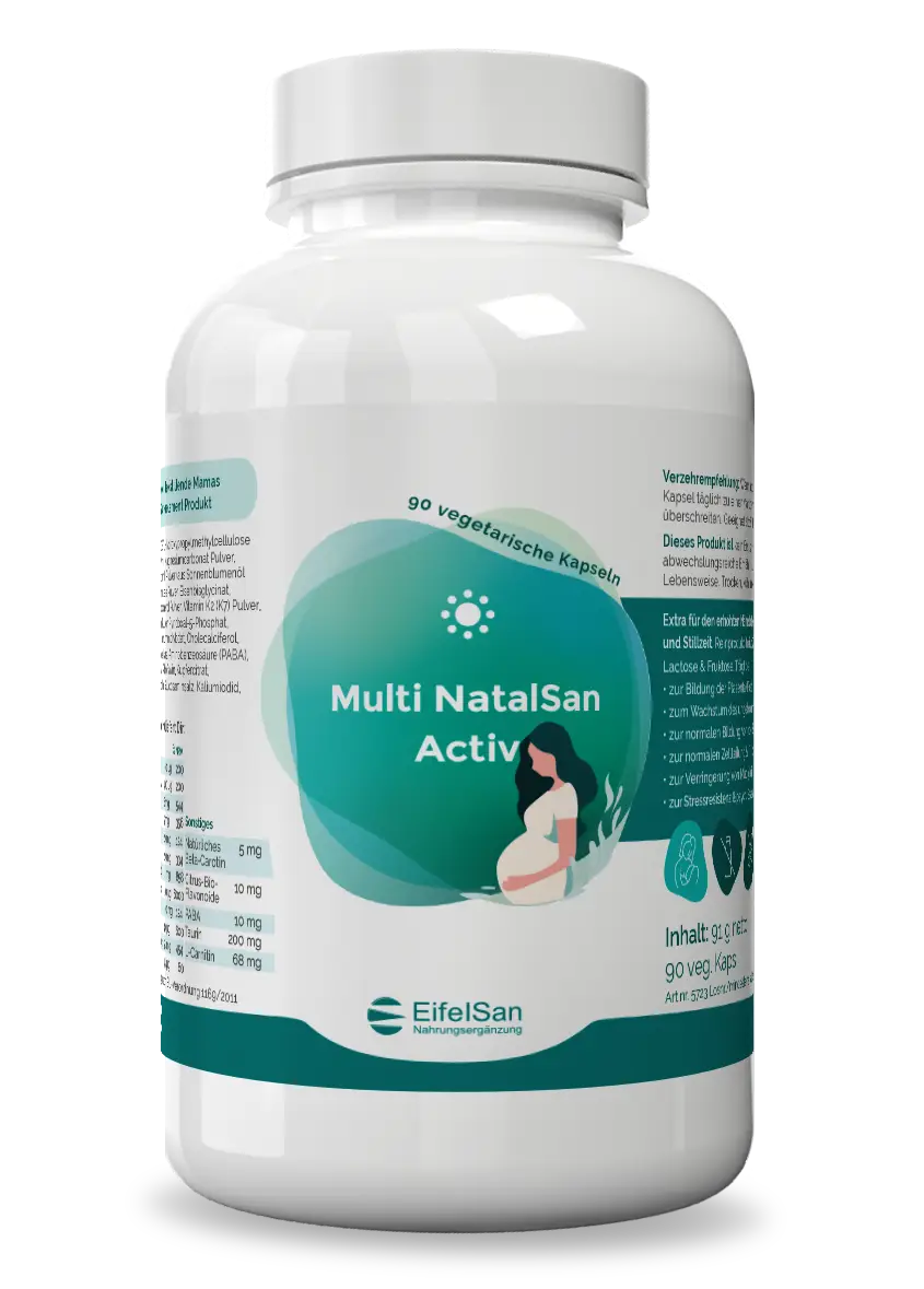 Multi NatalSan Aktiv Multi NatalSan Aktiv von EifelSan – 90 Kapseln mit 30 Vitalstoffen für Schwangerschaft und Stillzeit