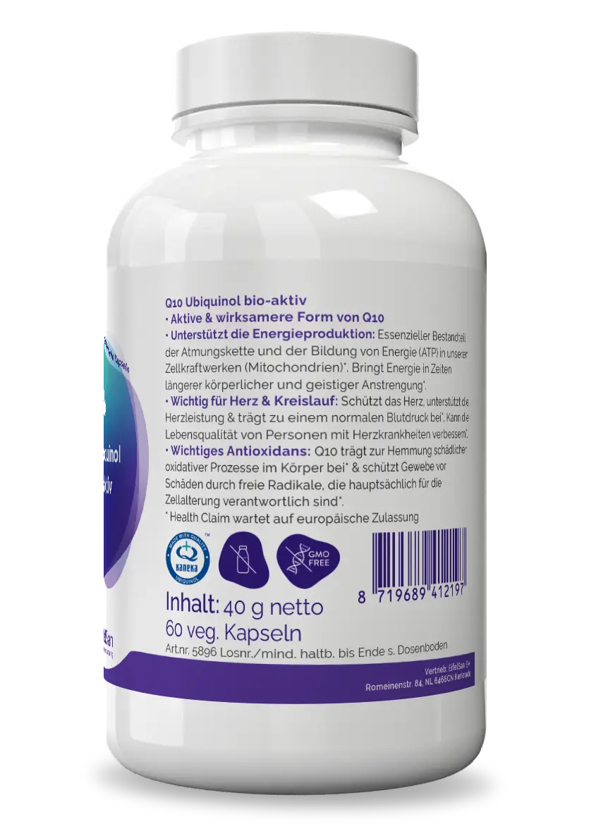 Q10 Ubiquinol Etikett Etikett von Q10 Ubiquinol 100 mg – 60 Kapseln mit Kaneka QH™