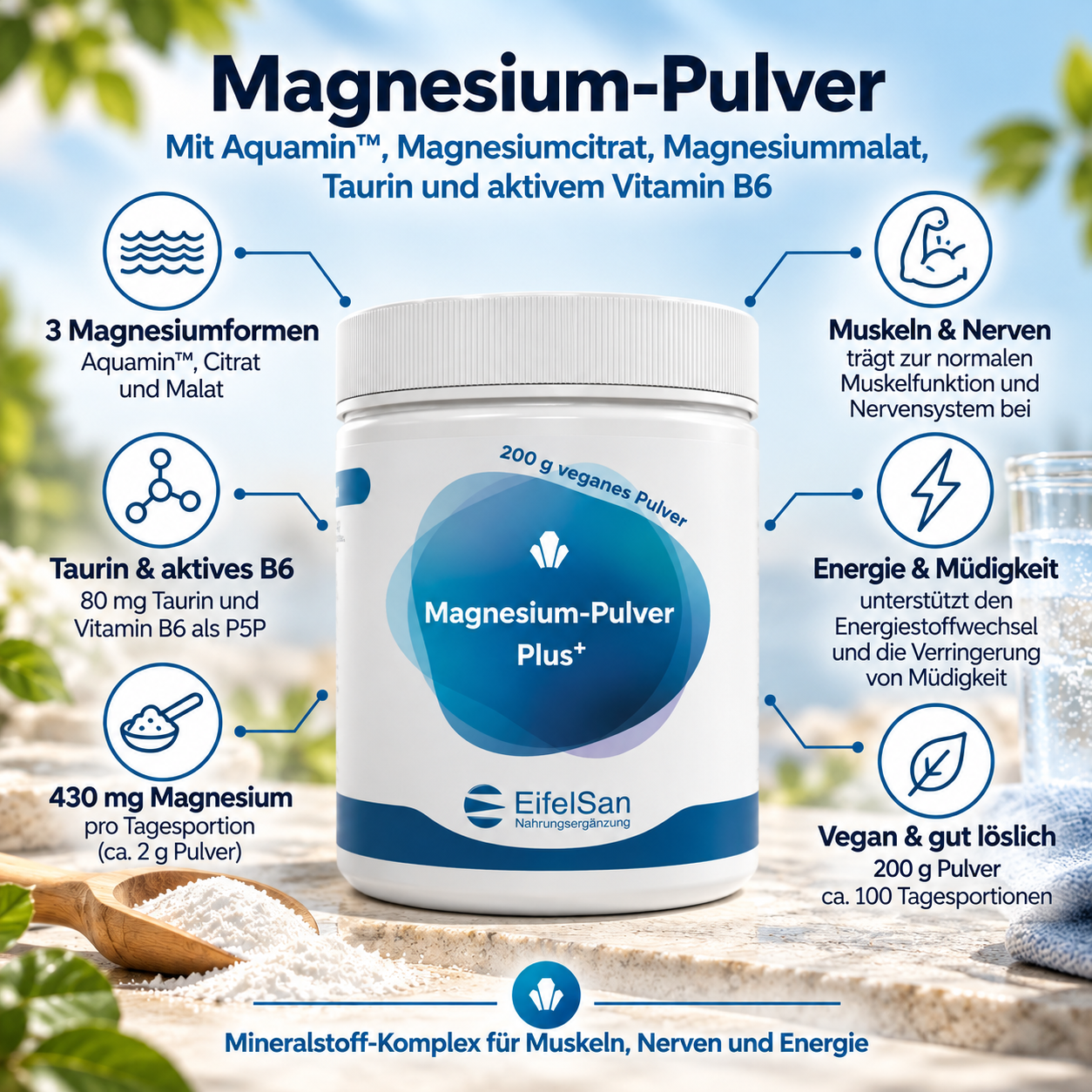 Magnesium-Pulver - 200 g mit Taurin und aktivem B6 Magnesium-Pulver - 200 g mit Taurin und aktivem B6