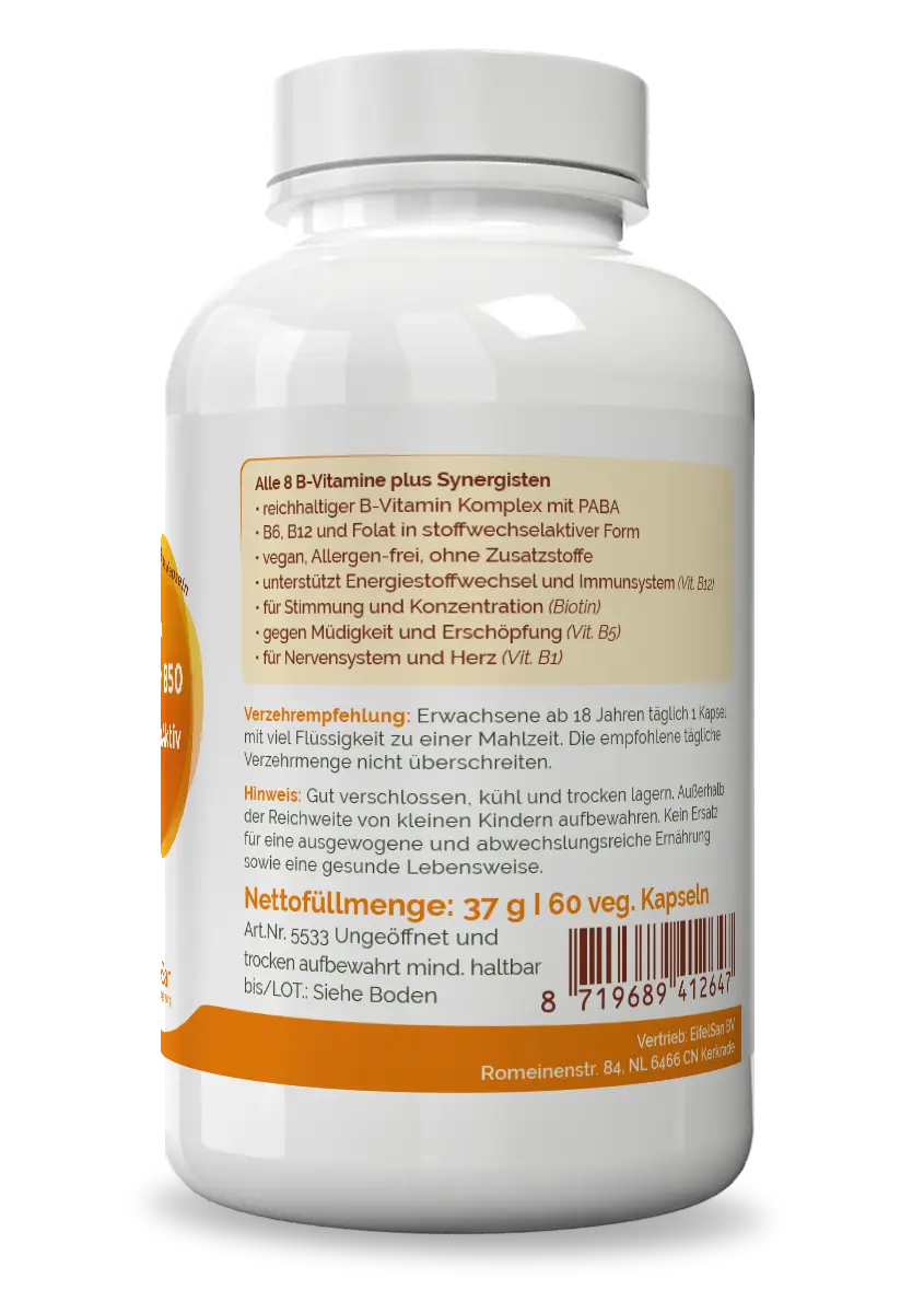 Dose Vitamin B50 Komplex Aktiv - 60 Kapseln mit PABA rechts Vitamin B50 Komplex Aktiv – vegane Kapseln ohne Zusatzstoffe in EifelSan-Qualität