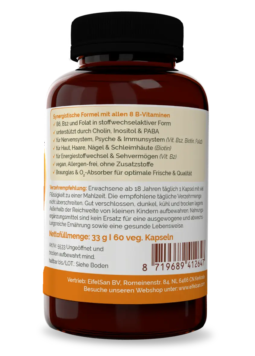 Dose Vitamin B50 Komplex Aktiv - 60 Kapseln mit PABA rechts Vitamin B50 Komplex Aktiv – vegane Kapseln ohne Zusatzstoffe in EifelSan-Qualität