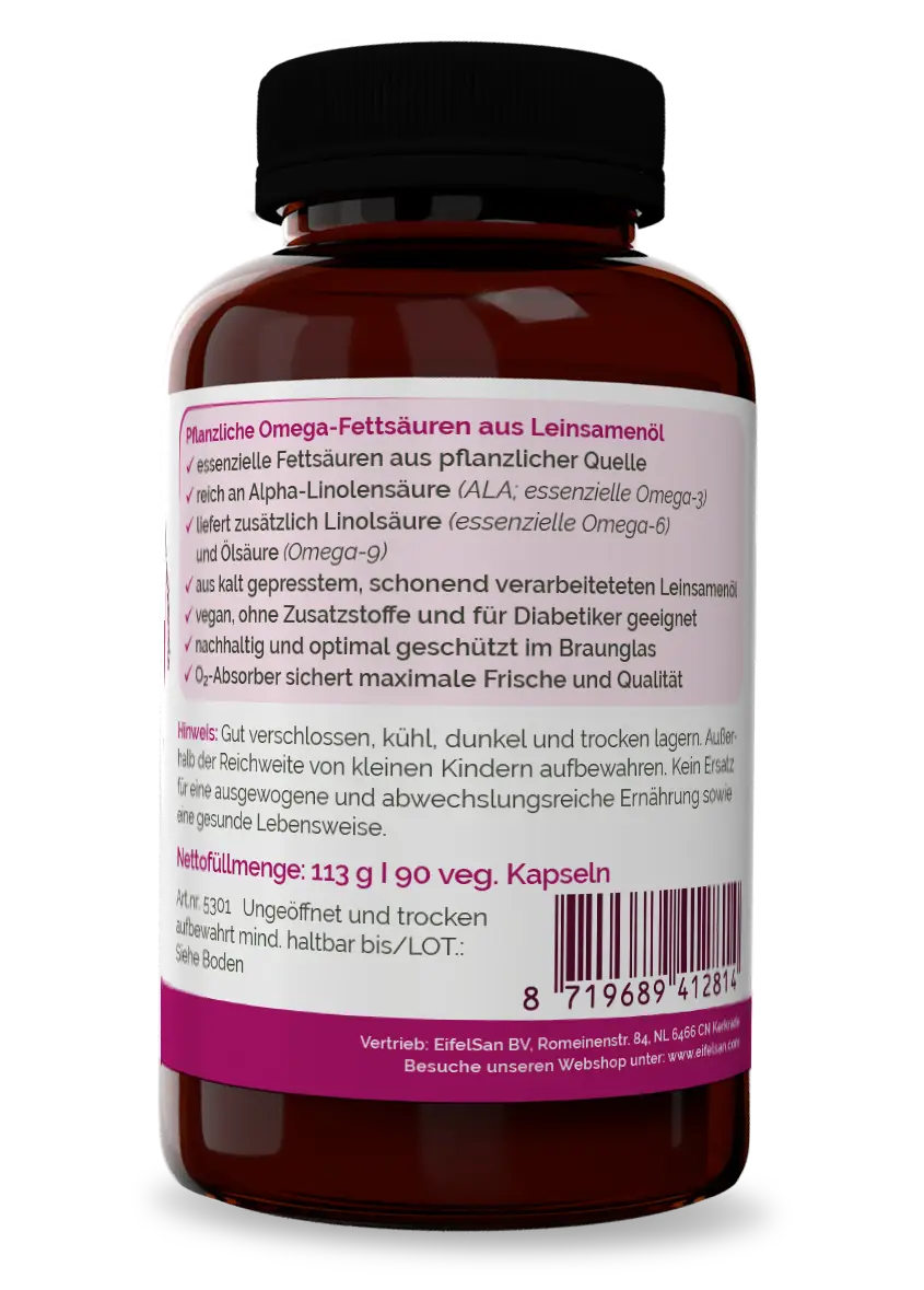 Omega-3-6-9 Qualität Omega-3-6-9 aus Leinsamen von EifelSan – vegan, ohne Zusatzstoffe und im Braunglas