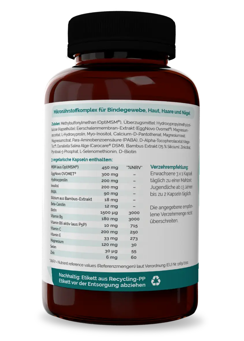DermoOvo+ Inhaltsstoffe Beauty-Komplex mit OVOMET® Eihaut-Extrakt, OptiMSM®, Biotin, Bambus-Extrakt, Selen und Zink