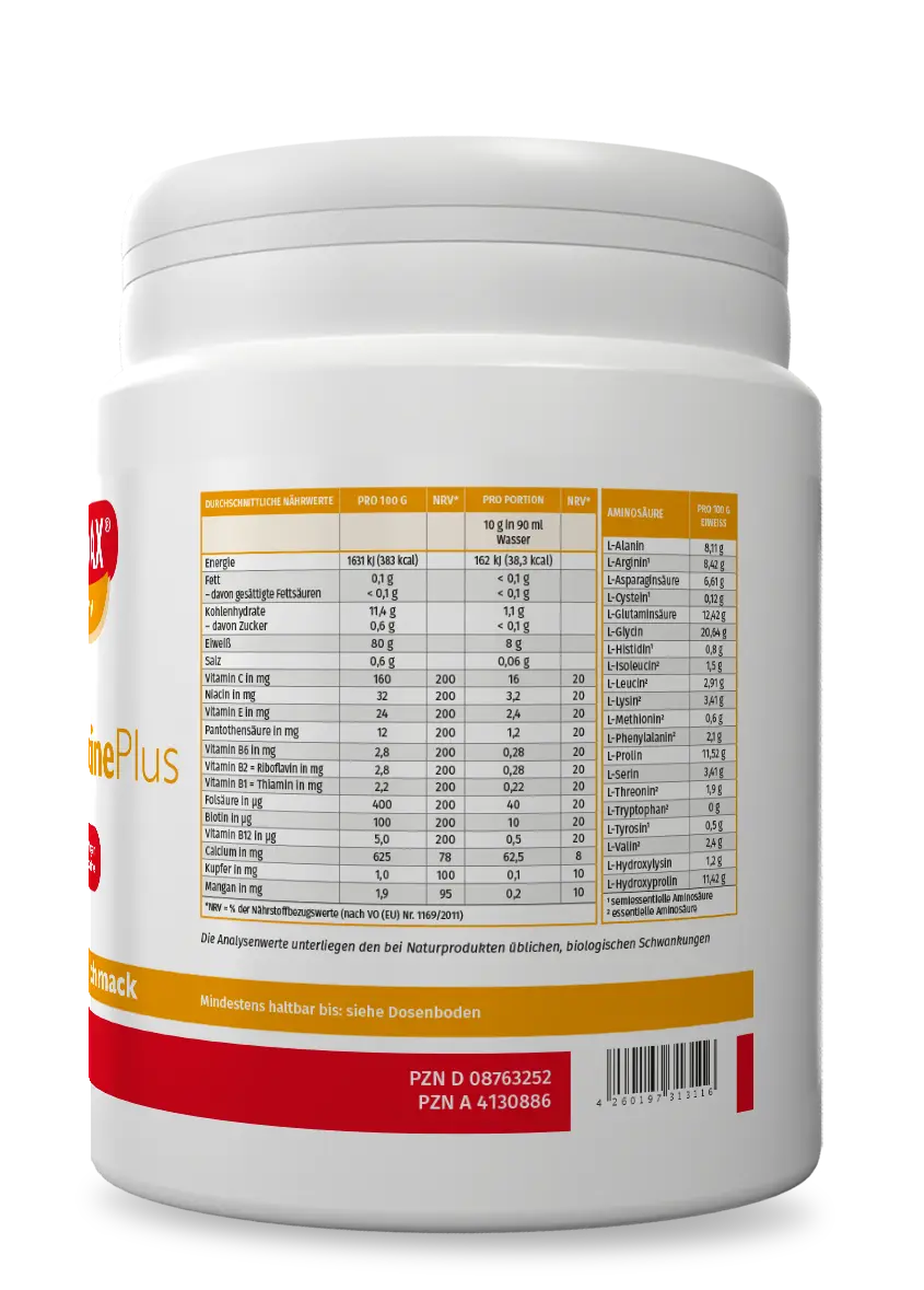 TrinkGelatine Inhaltsstoffe Kollagenhydrolysat-Komplex mit Aminosäuren, Vitamin C, Calcium, Kupfer und Mangan