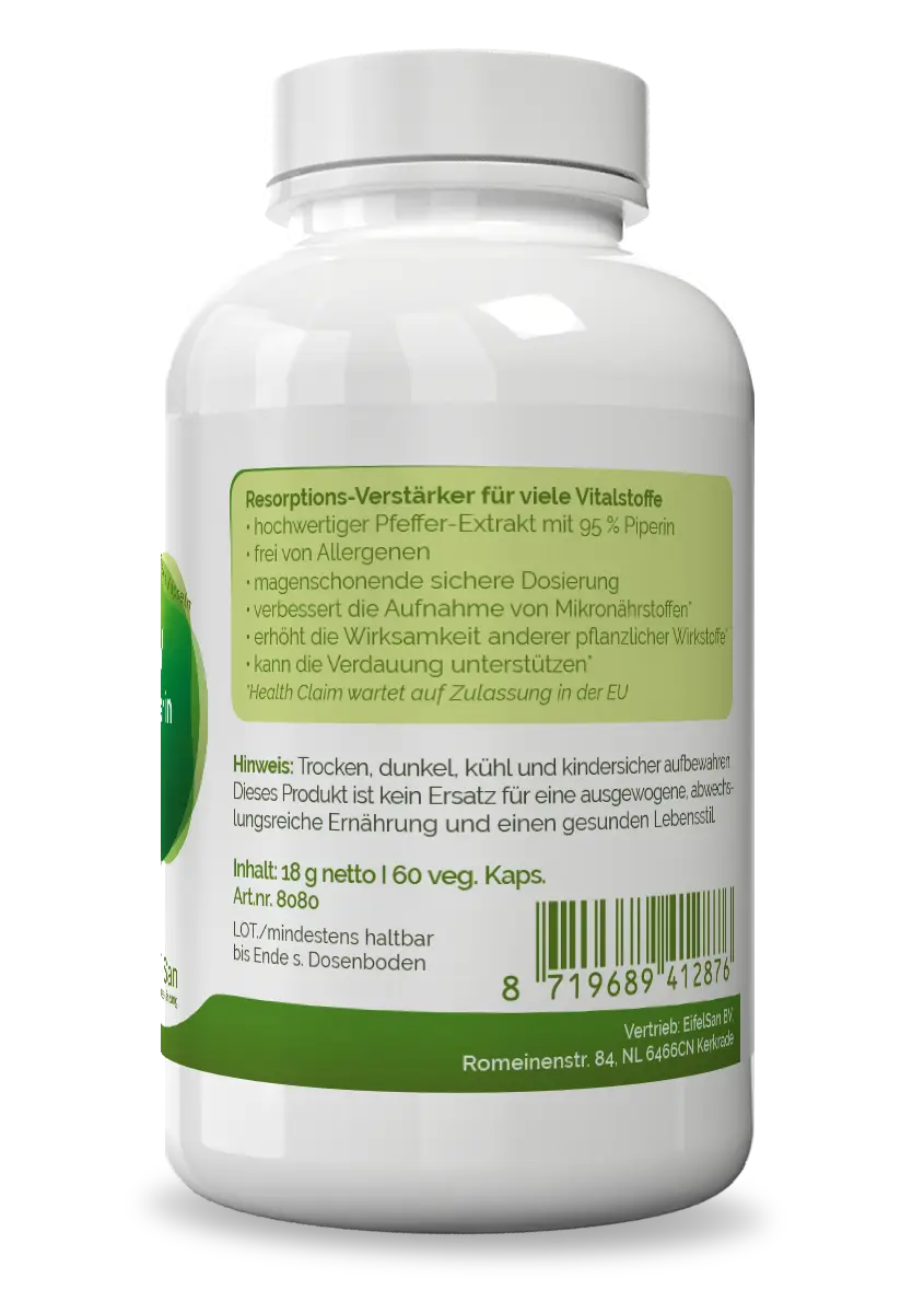 Piperin Qualität Piperin 8 mg von EifelSan – vegan, vegetarisch und ohne Zusatzstoffe