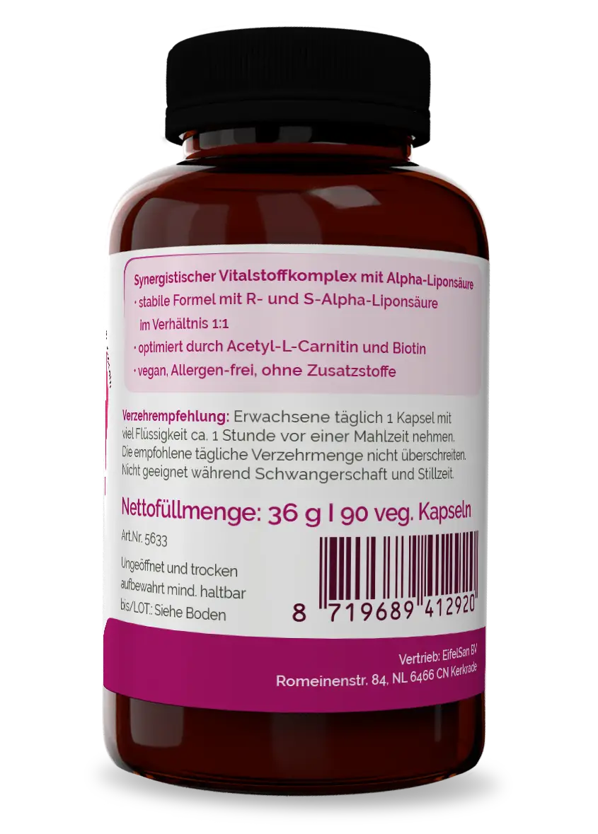 alpha-liponsaeure-300mg-kapseln-vegan-eifelsan Etikett von Alpha-Liponsäure Komplex 300 mg – 90 Kapseln mit Acetyl-L-Carnitin und Biotin