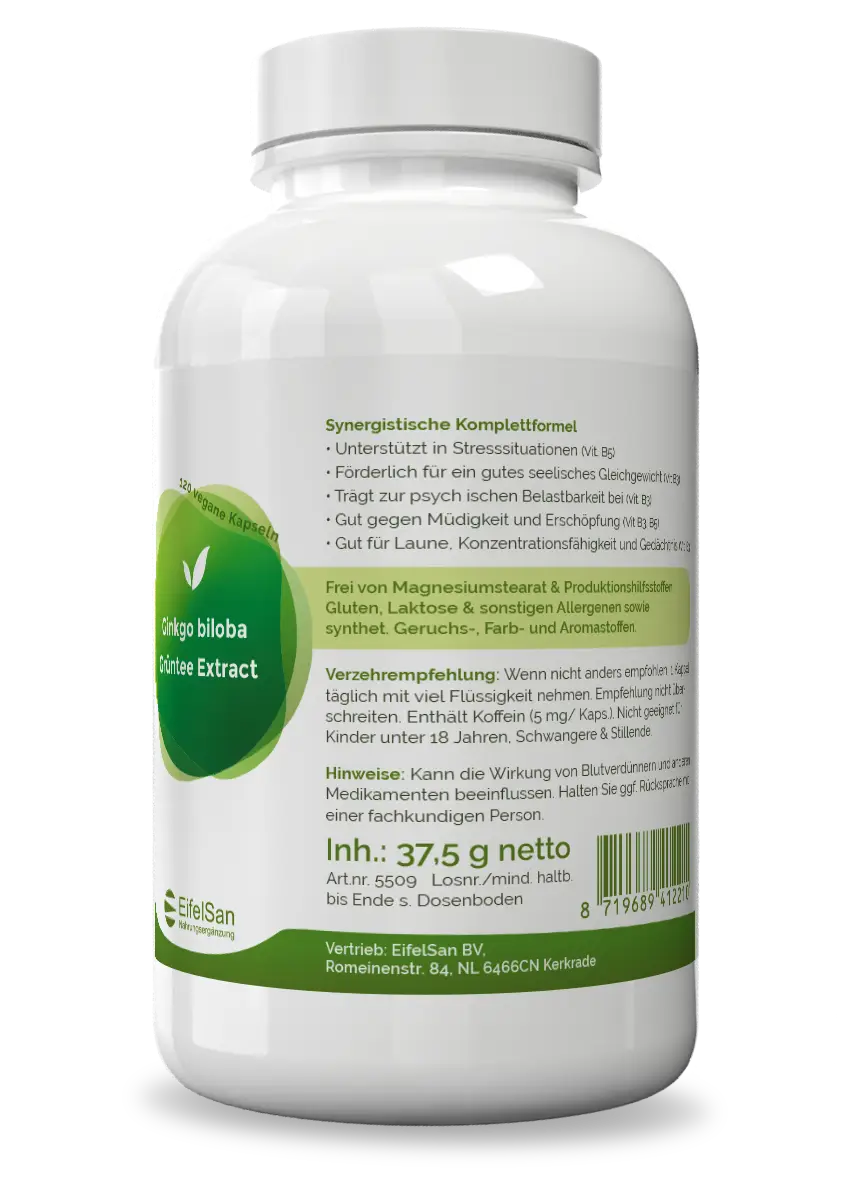 Ginkgo Grüntee Qualität Ginkgo biloba Grüntee Extrakt von EifelSan – vegan, allergenfrei und ohne Zusatzstoffe