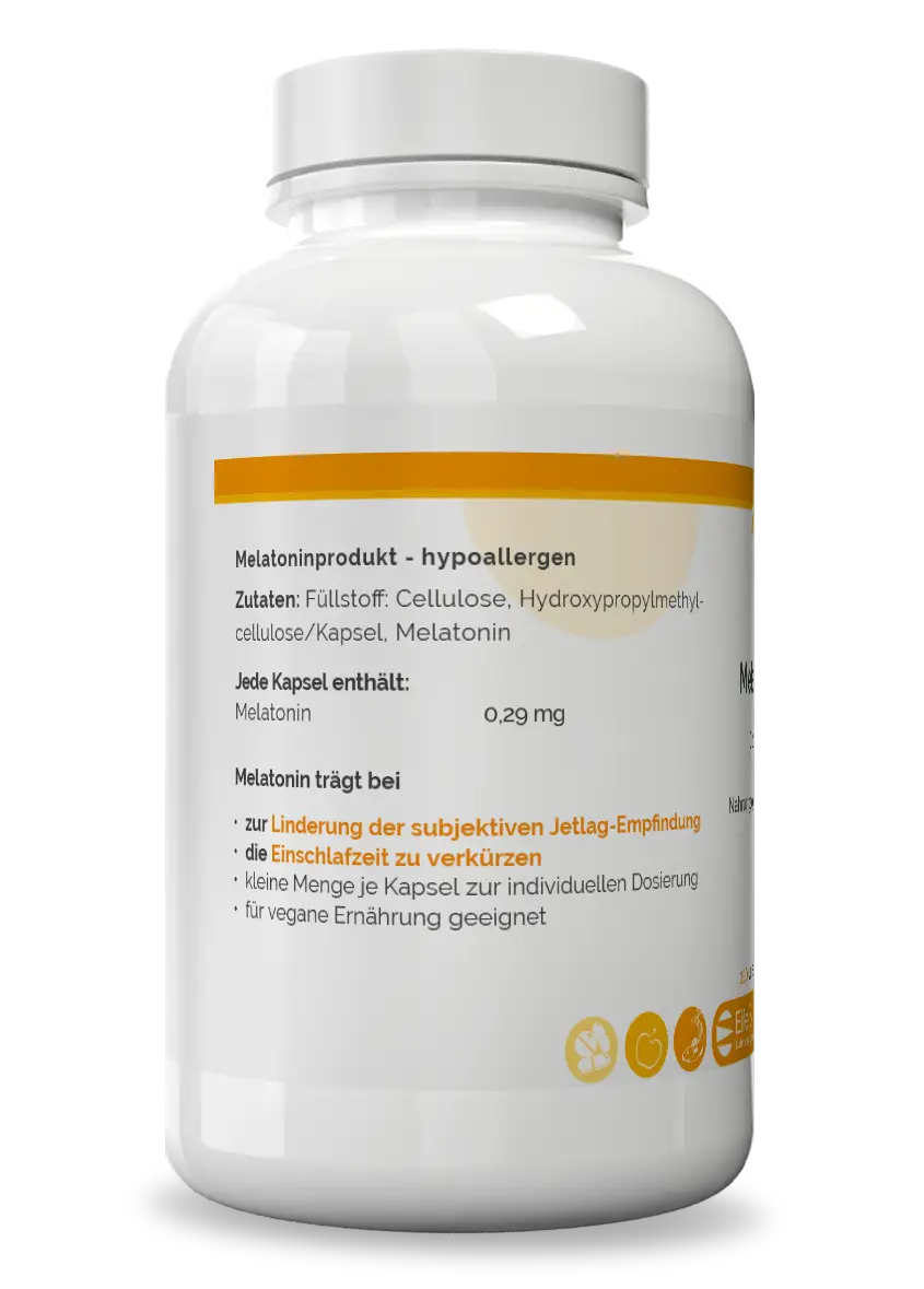 Melatonin Inhaltsstoff Melatonin als Schlafhormon in niedriger Dosierung mit 0,29 mg pro Kapsel