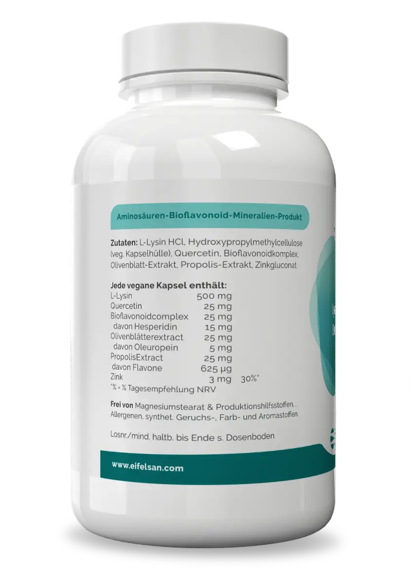 LysoSan Inhaltsstoffe Komplex mit L-Lysin, Zinkgluconat, Quercetin, Hesperidin, Olivenblatt-Extrakt und Propolis