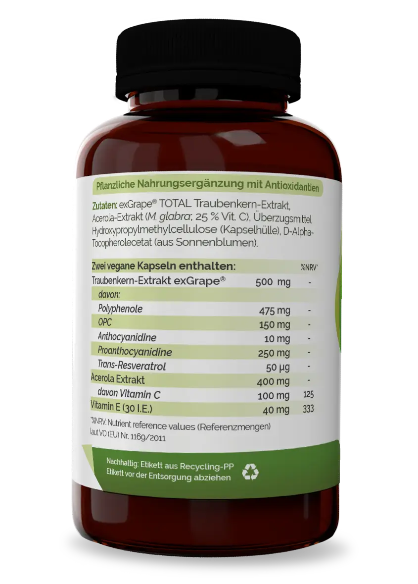 OPC Plus Inhaltsstoffe Bioflavonoid-Komplex mit OPC, Polyphenolen, Resveratrol, Acerola-Vitamin C und Vitamin E